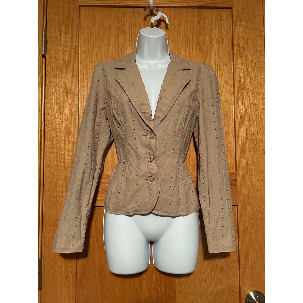 Vintage Y2K Cotton Faded Glory Tan Eyelet Blazer Jacket Tan Peplum Boho Sz 4